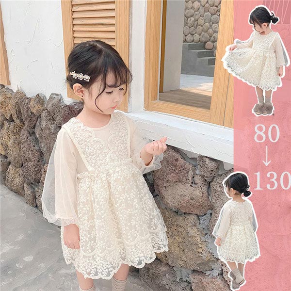 Newjoy / ひざ丈 キッズ/ベビードレス 長袖 レース オフホワイト