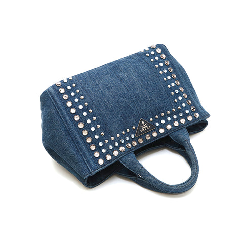 プラダ PRADA カナパ デニム スタッズ ハンドバッグ ブルー P14688