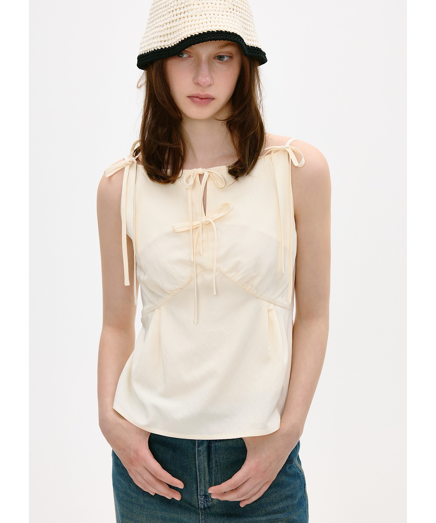 ボートネック フロントリボン キャミソールトップス FX24S023【Fano