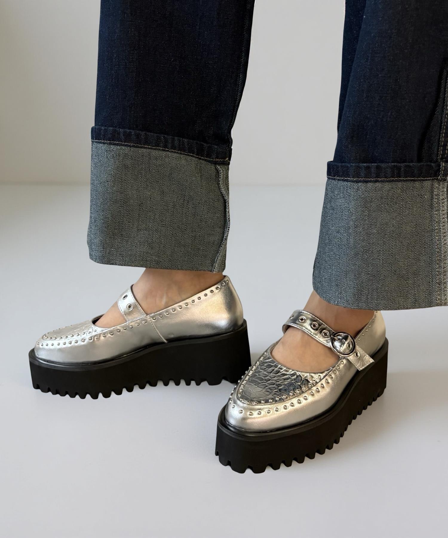 本革/厚底/6cm】スタッズデザイン 厚底メリージェーンシューズ ALL