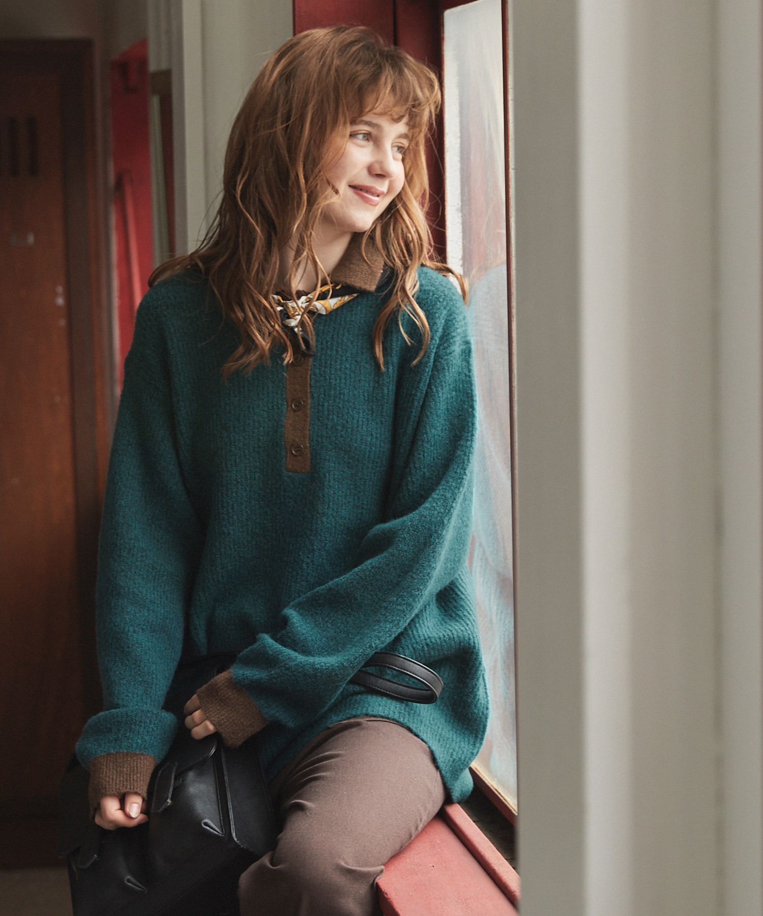 モヘアライク配色オーバーサイズポロニット MONO-MART LADY'S│MONO