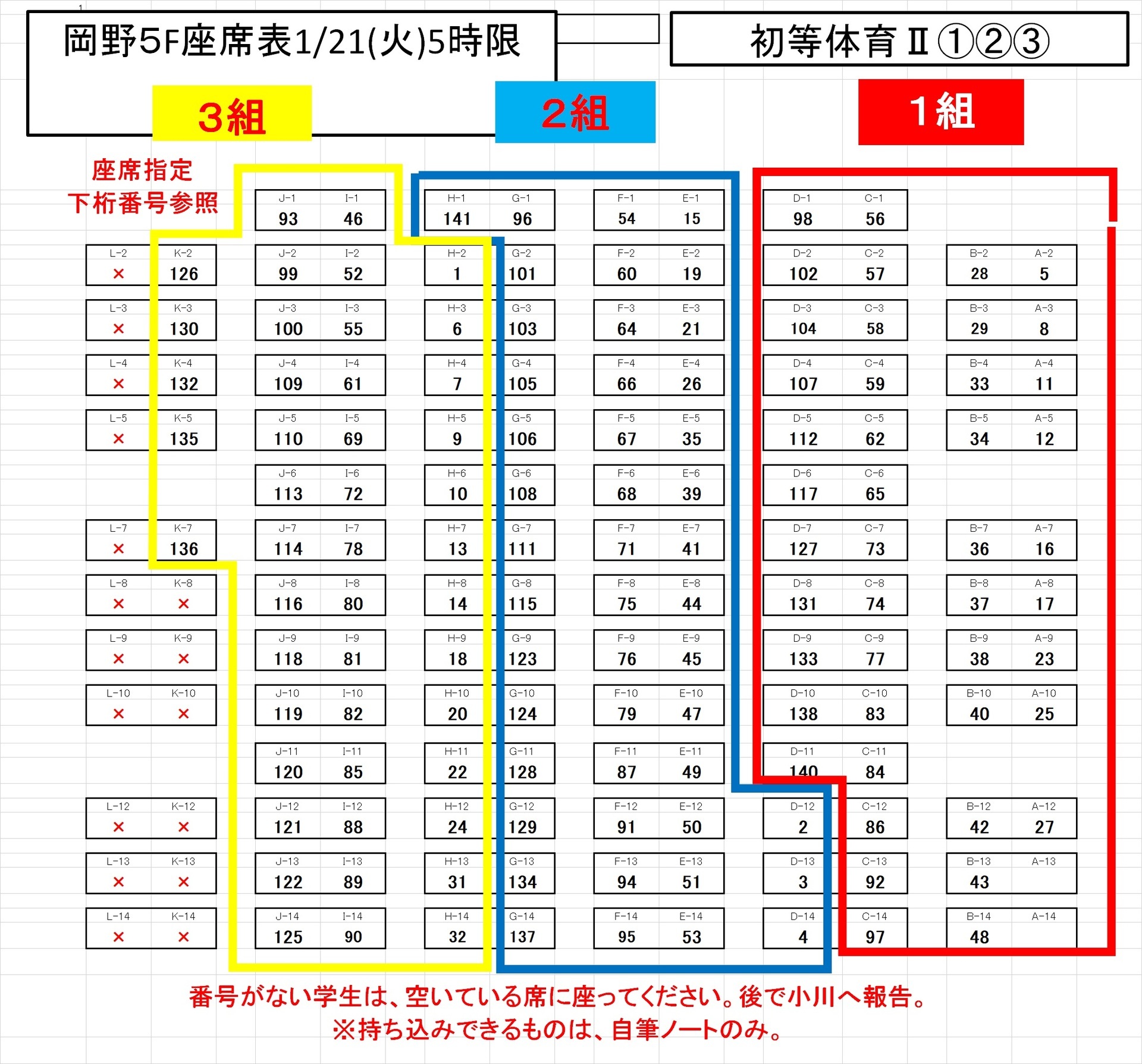 初等体育後期試験座席【岡野5F】: 小川授業