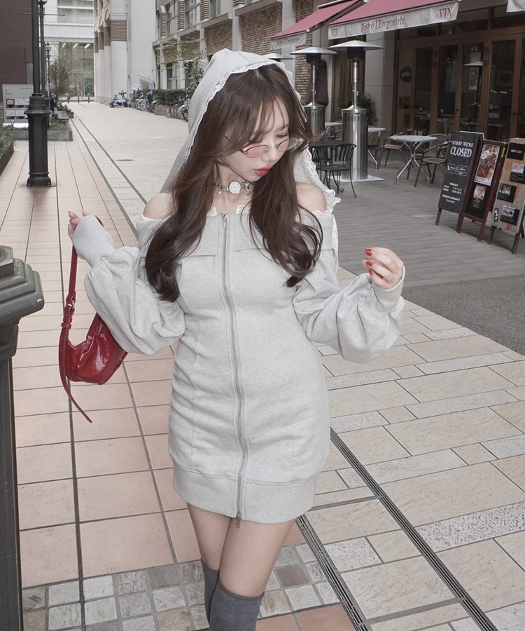 lace hoodie offshoulder mini onepiece(M GRAY): ワンピース｜PMbox