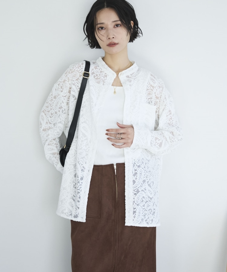 フロッキーレースバンドカラーシャツ／(F BROWN): トップス｜PMbox P&M