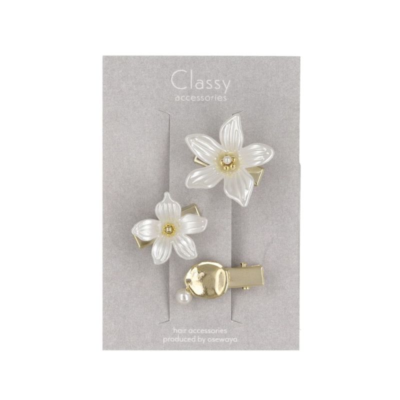 Classy ヘアクリップ ダブル フラワー 花 メタル プレート パール 3個