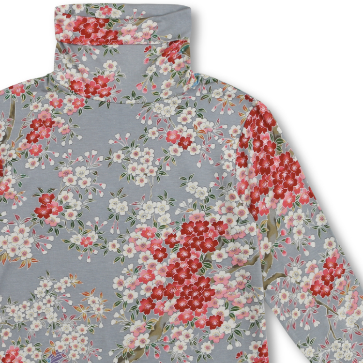 花柄 タートルネック長袖 ＜さくら/空色鼠＞ | 京友禅アロハシャツ