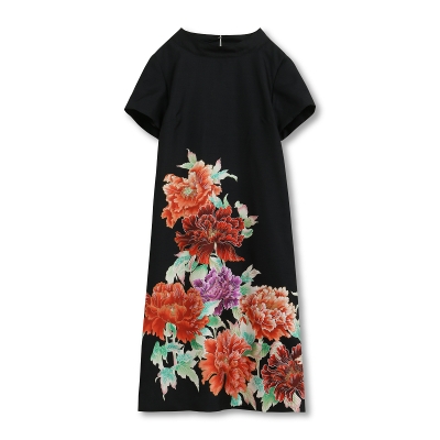 花柄 オフタートル半袖ワンピース ＜富貴花/牡丹/黒橙＞ | 京友禅
