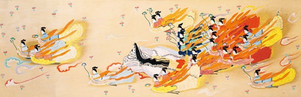 小林古径による絵巻「竹取物語」(1917)より、かぐや姫の昇天。ああ