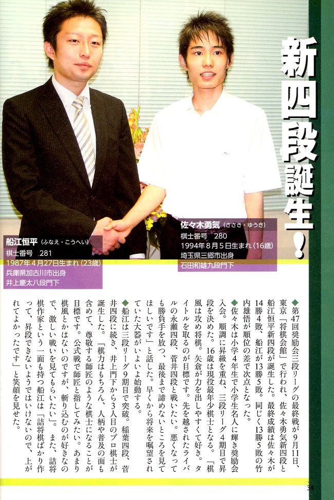 将棋世界2010年11月号 「新四段誕生！」の佐々木勇気先生（当時16歳