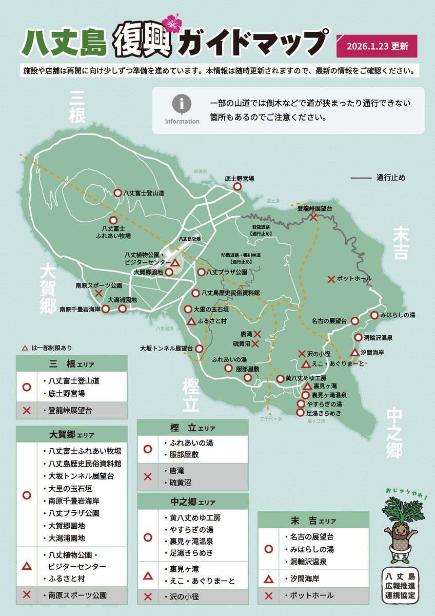 八丈島復興ガイドマップ🗺更新！ 1月23日時点】 変更点は以下のとおり