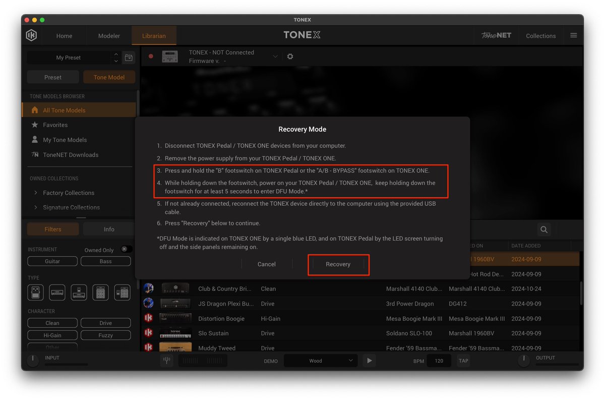 TONEX Pedal、TONEX ONEファームウェアのアップデートに失敗してしまっ