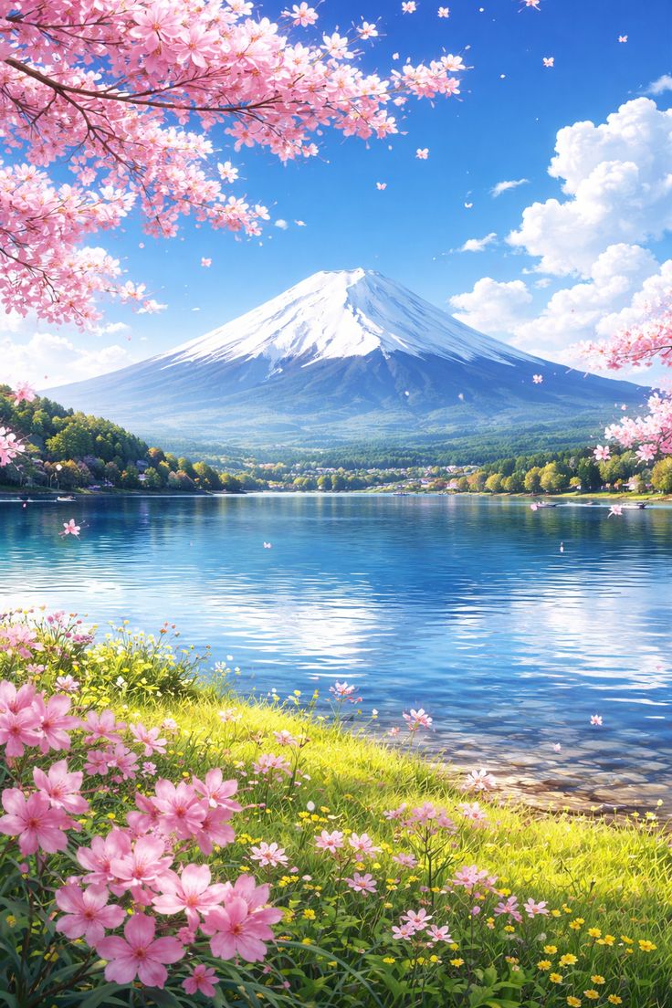 The mountain stands in silent grace, Mirroring its snowy hue. ​A