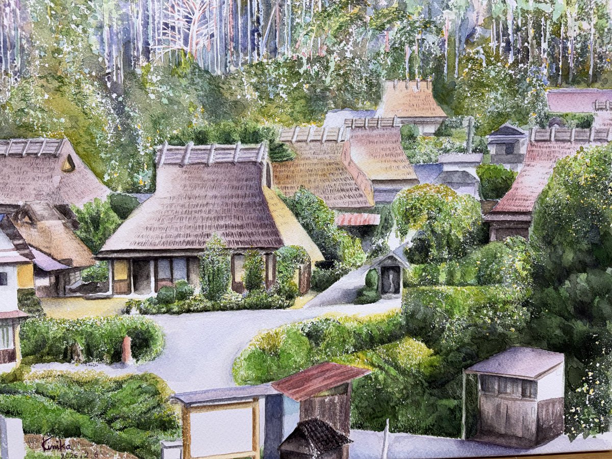 RT @Kim235416: 昨年の10月から絵画教室で描き始めた、茅葺き屋根の