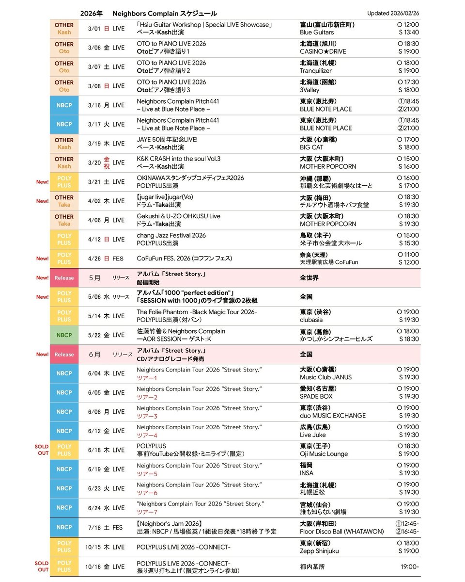🛤️Neighbors Complain🌷 ✏スケジュールまとめ (updated 2026/02/26