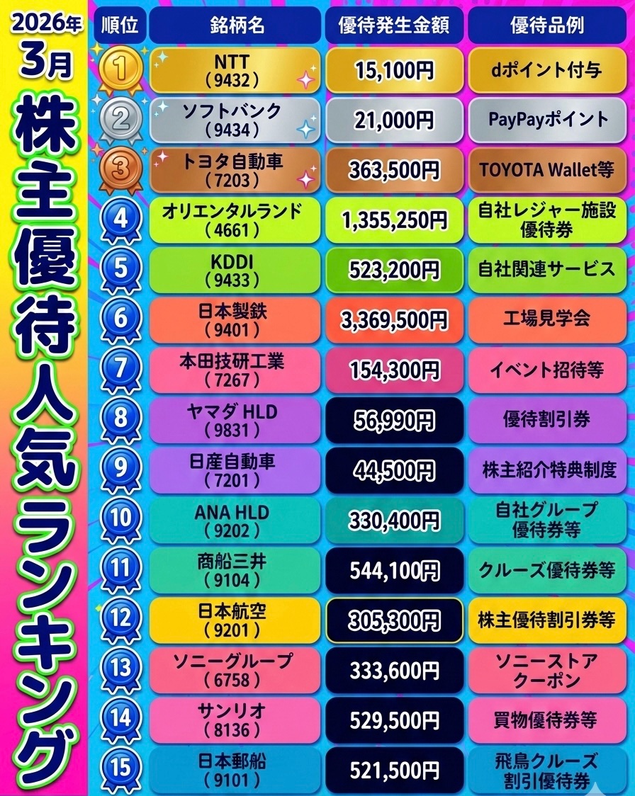 おはとうしろー☀️ 2026年3月株主優待人気ランキング！ 今年の3月も