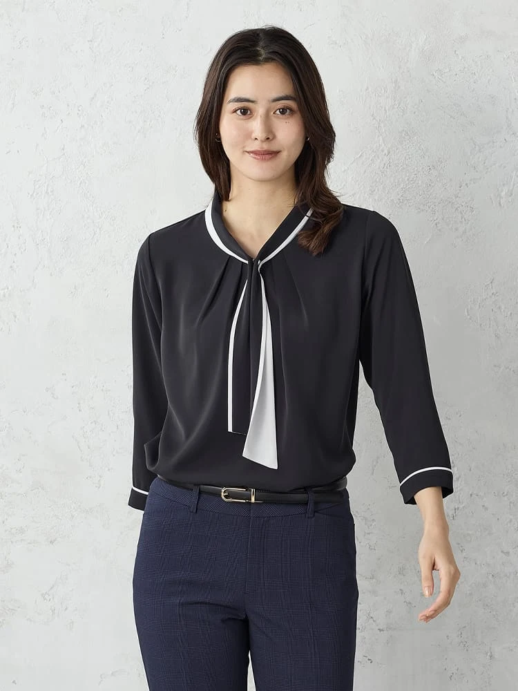 ネイビー 配色マリン ボウタイブラウス ホワイト/ベージュ/グリーン