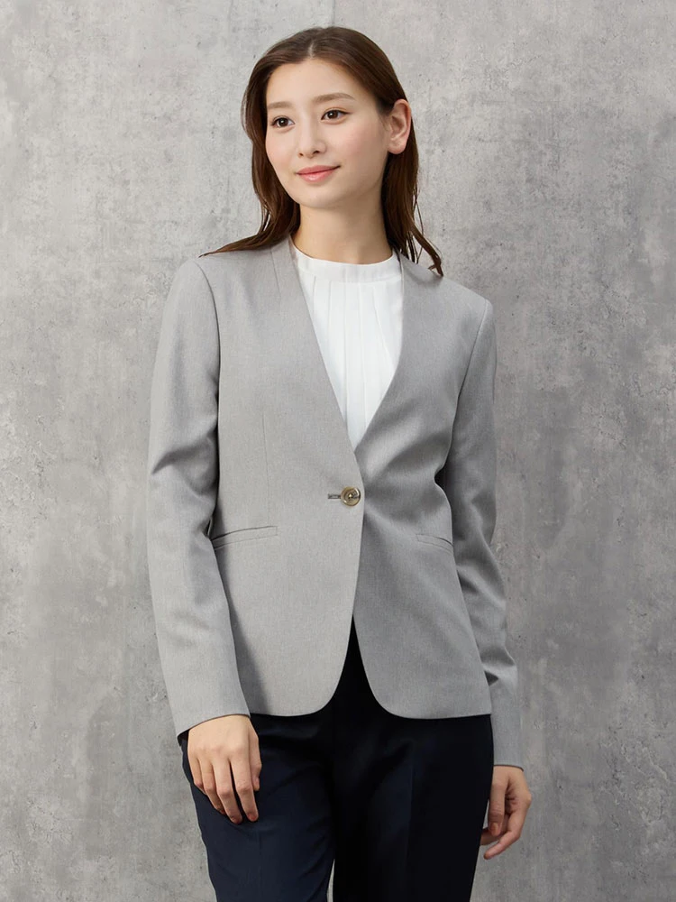 M．グレー 杢調スーツ ノーカラージャケット 無地 ブラウン/グレー