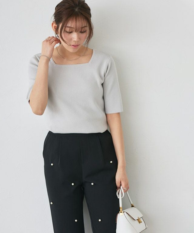 選べるネック多機能ニット5分袖トップス 【Pierrot】 【スピード配送