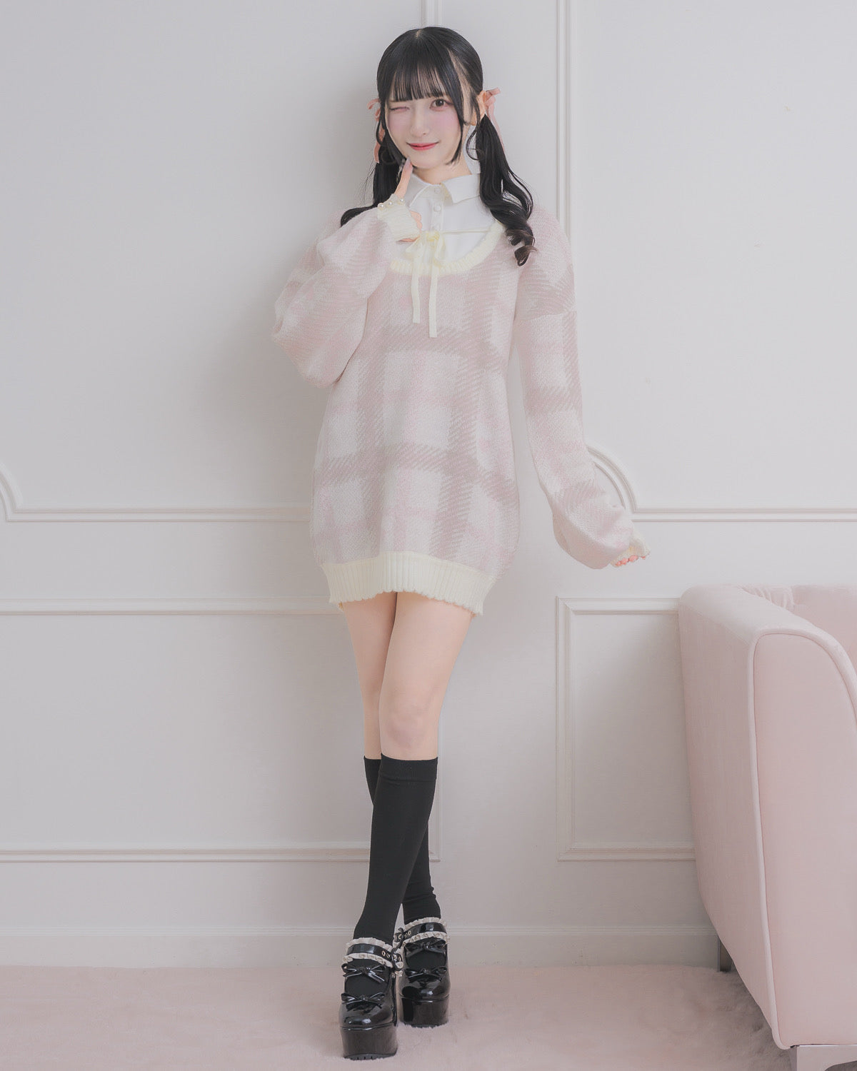 ハートチェックレイヤードニットワンピース – pium