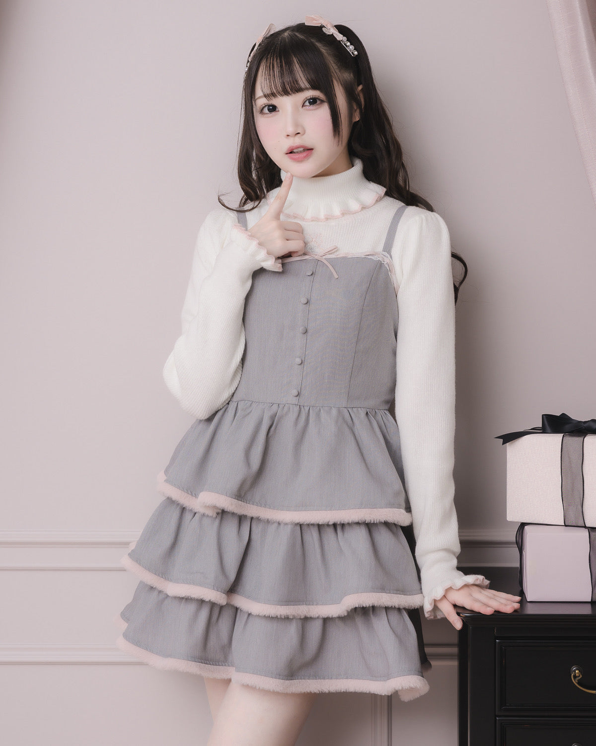 ファー付きティアードジャンパースカート – pium