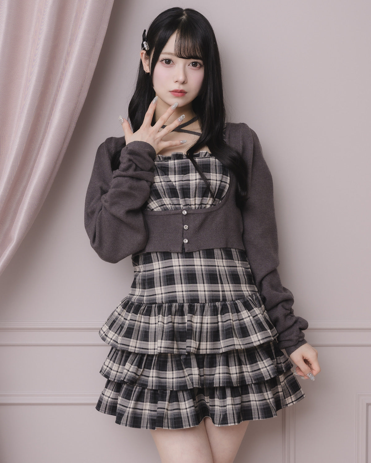 ビジューカーデ×チェックワンピセット – pium