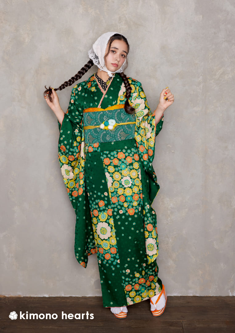 レトロモダン】FL-D103｜昭和のポップな花柄デザインが印象的な緑色の