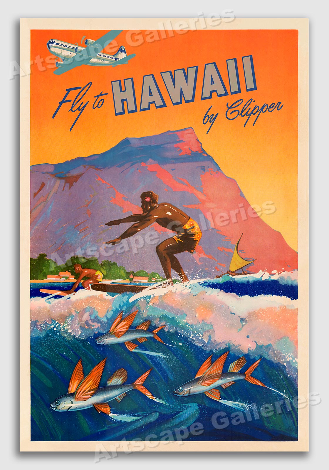 Fly to Hawaii - 1940s Vintage Surfing Travel Poster - 24x36 | eBay