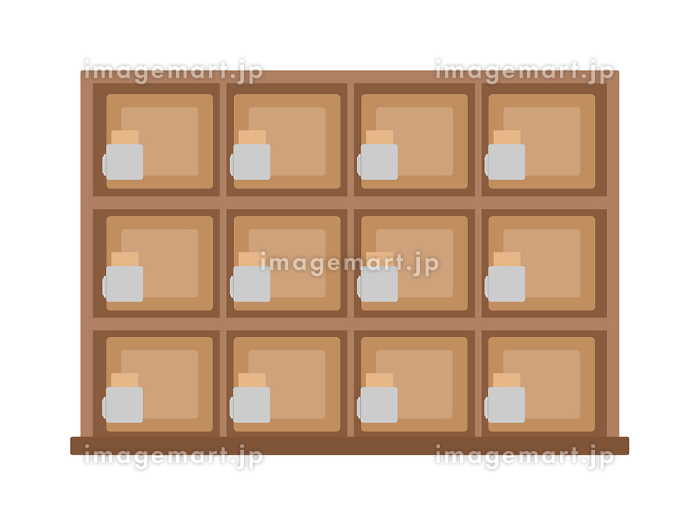 銭湯 温泉 木製 松竹錠 下駄箱 ロッカー 鍵 イラスト [298580548