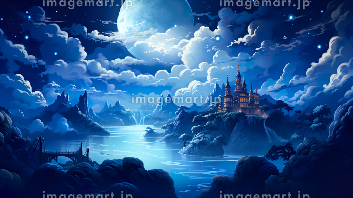 幻想的な夜の湖とお城のイラスト風景「AI生成画像」 [230508696]｜毎月