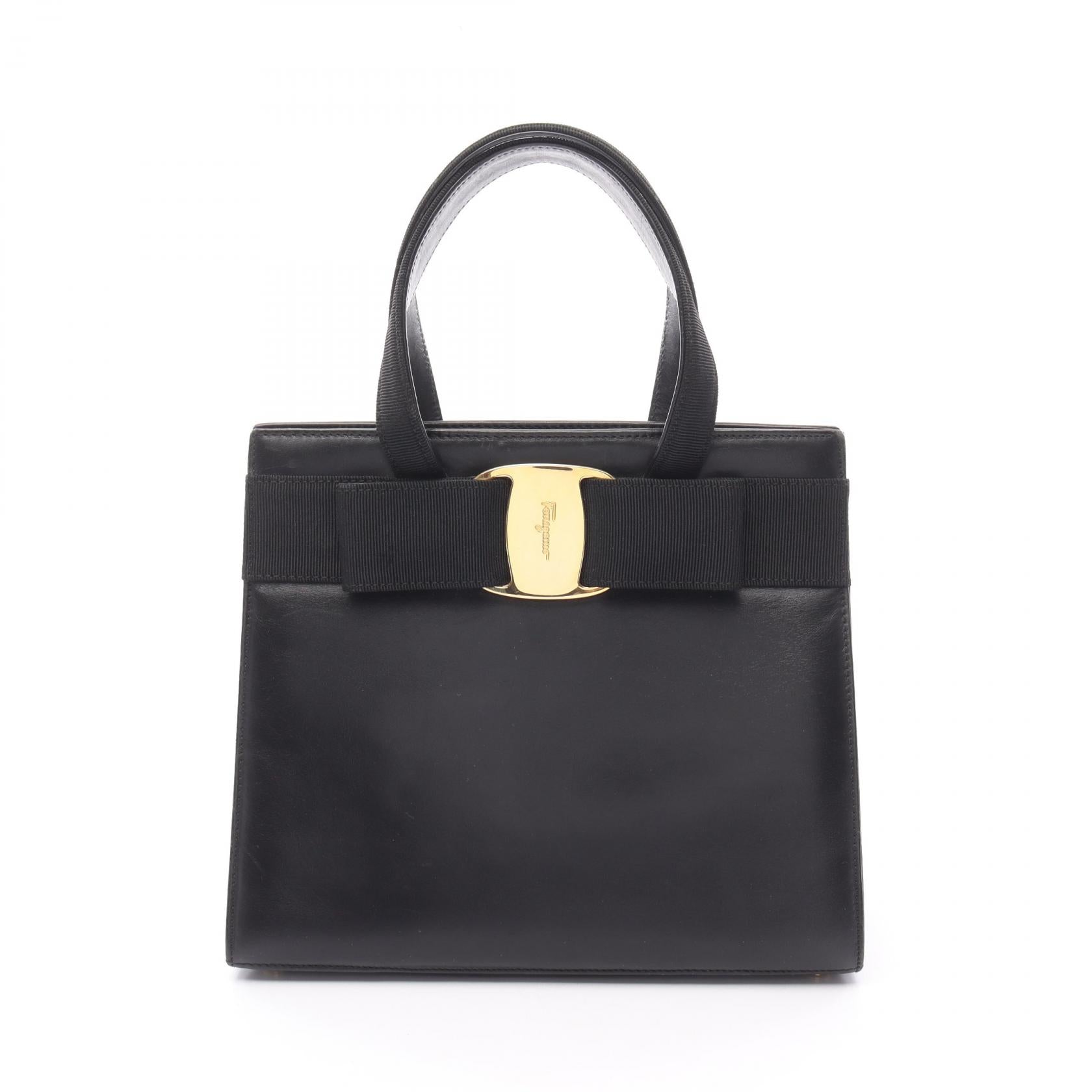 ヴァラリボン ハンドバッグ レザー ブラック サルヴァトーレフェラガモ