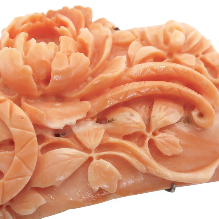 アンティーク赤サンゴ本珊瑚牡丹の花の彫刻帯留め19g