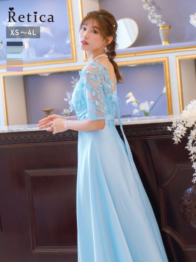 SALE] Vネック立体刺繍レース袖ありロング丈パーティードレス (XS