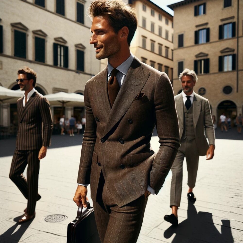 ダブルブレストのブラウンスーツで仕上げる洗練された秋のスタイル