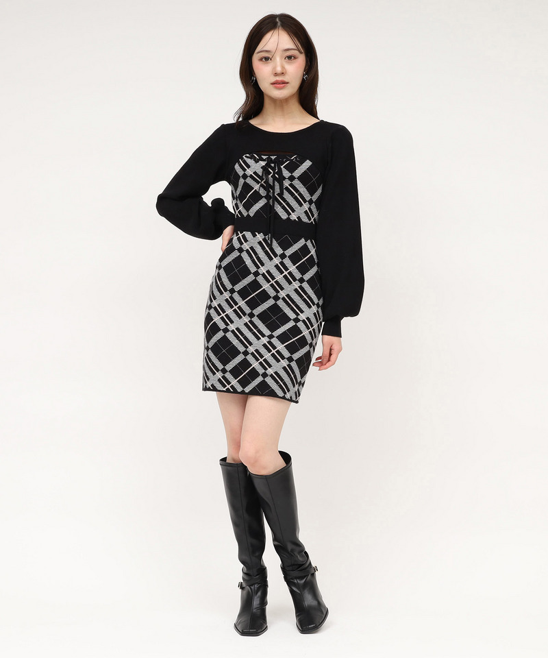 デコルテオープンチェックタイトニットミニワンピース｜ROYAL PARTY