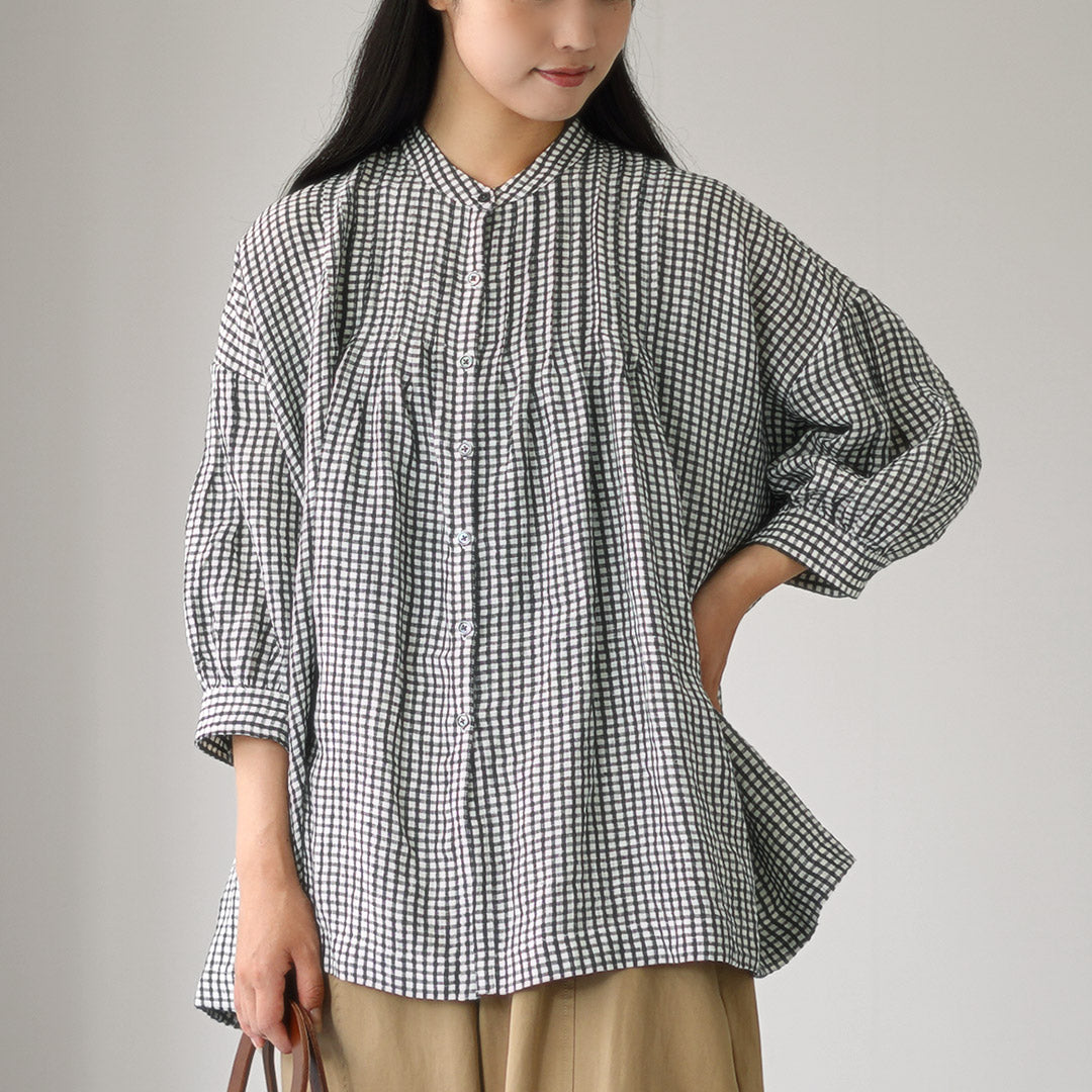 SOIL（ソイル） リネン チェック バンドカラー ピンタックシャツ