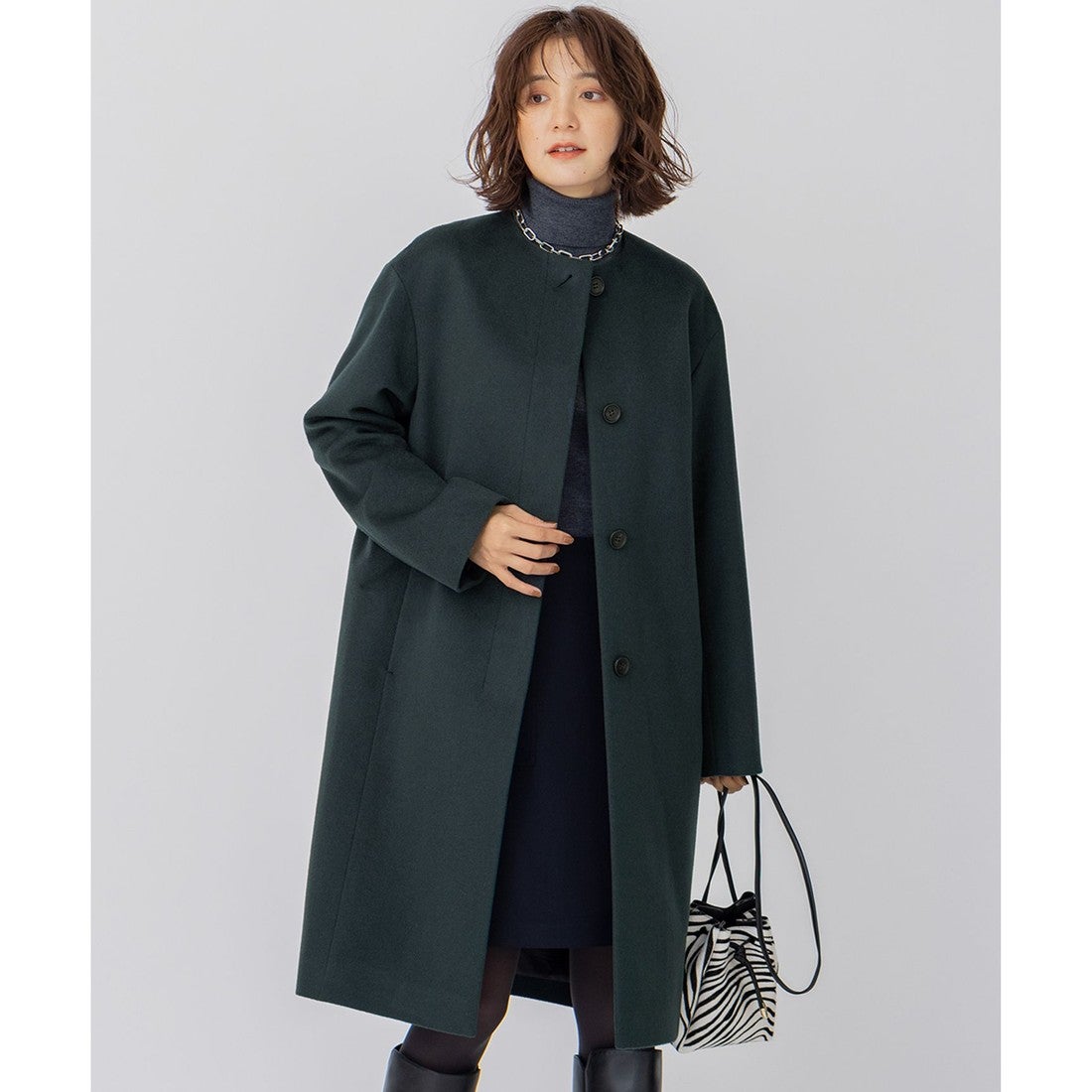 23区 ウールカシミヤビーバー ノーカラー コート （ダークグリーン系