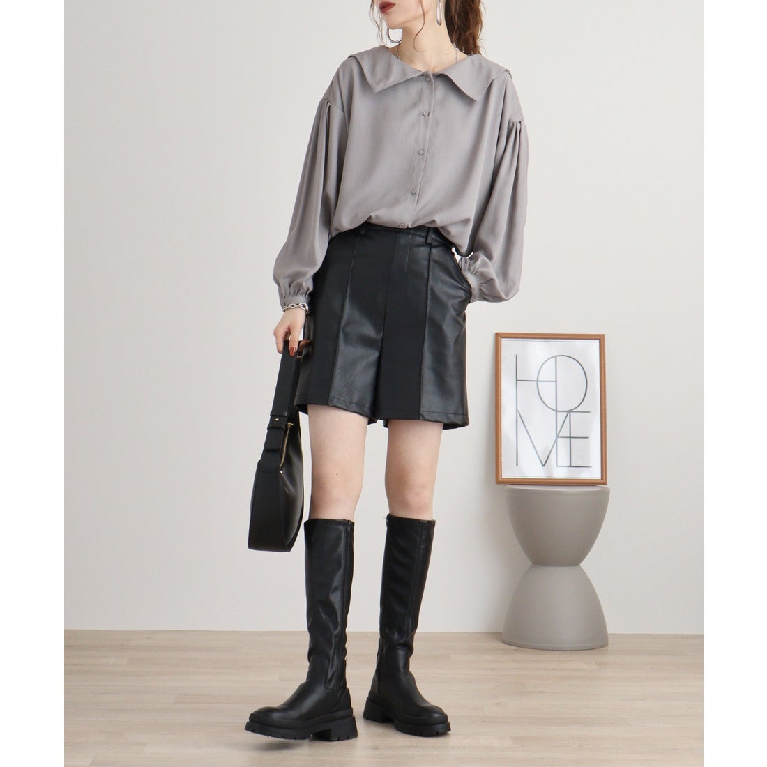 アットワン atONE ジョーゼット襟付きセーラーカラーブラウス （グレー