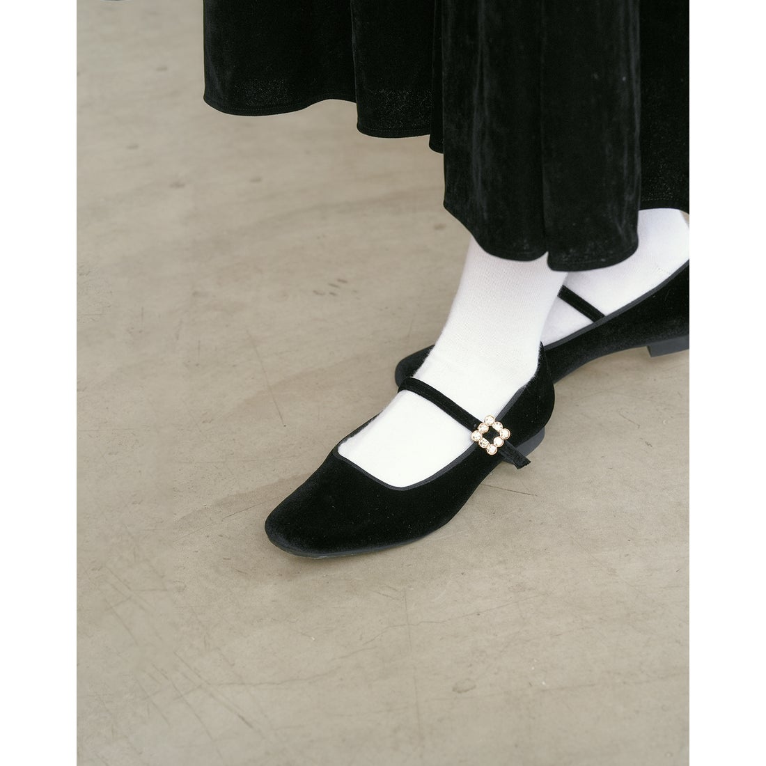 フラット ビジューストラップ メリージェーン （ブラック ベルベット