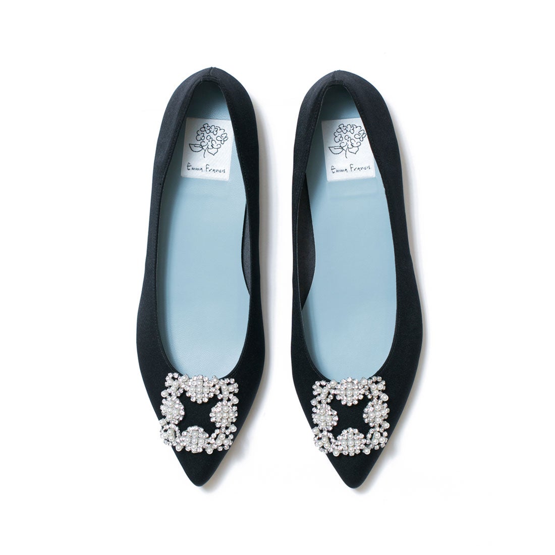 フラット ビジューバックル パンプス （ブラック サテン） -Emma