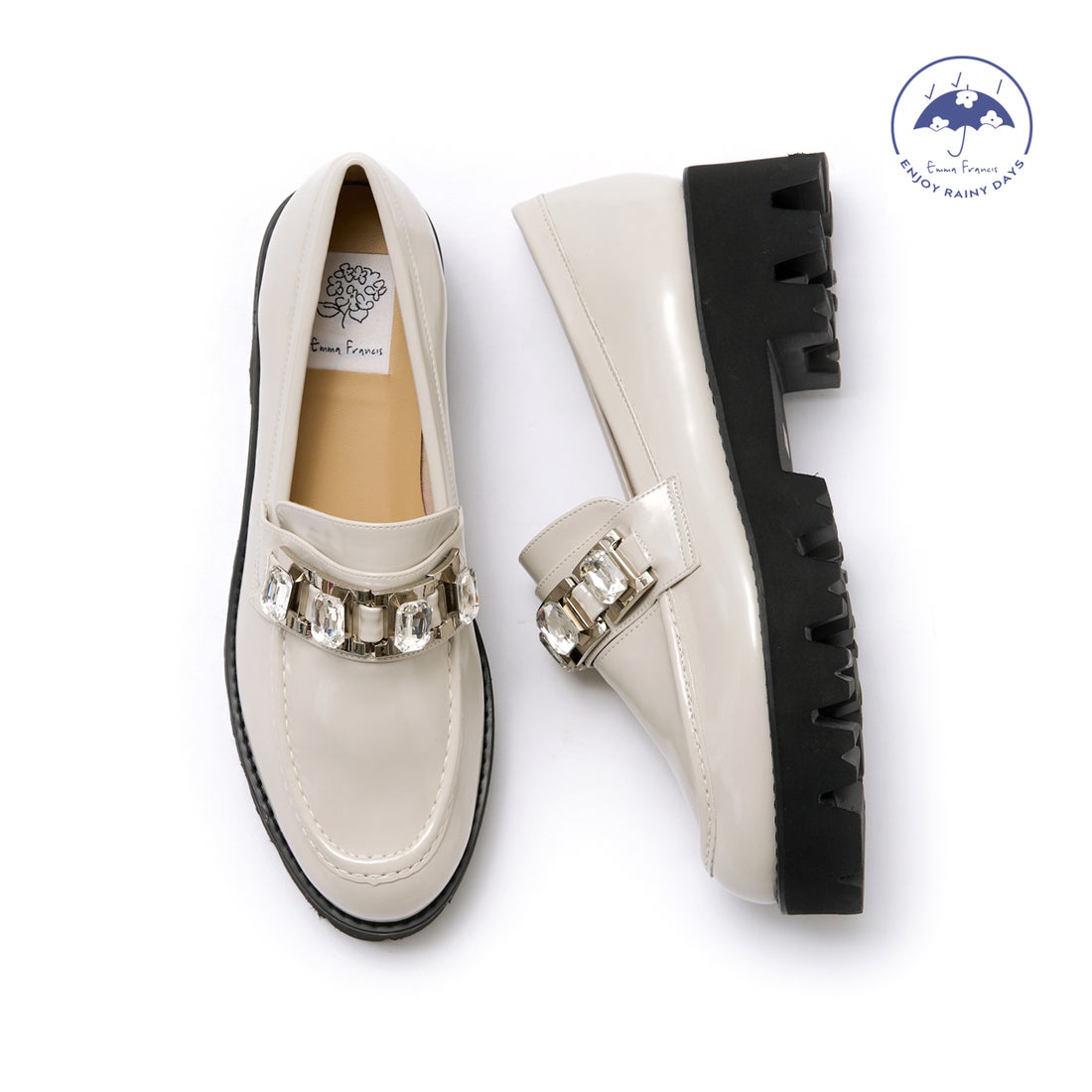 レイン対応】トラックソール ビジュー ローファー （グレー エナメル