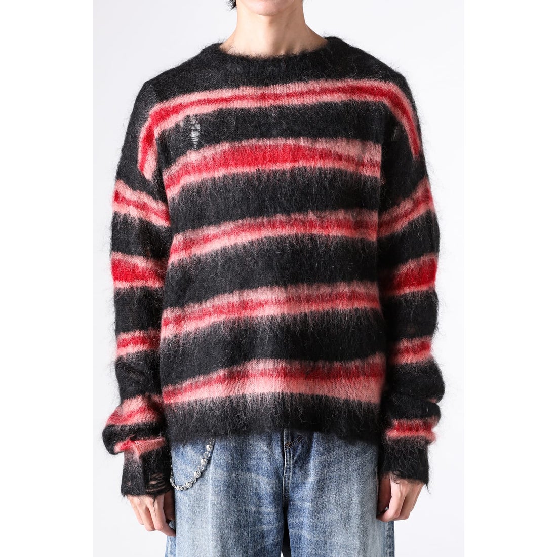 カミヤ KAMIYA Distressed Border Mohair Sweater （Black
