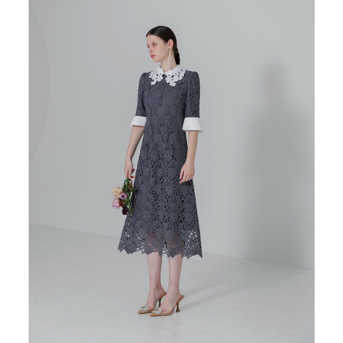 レジャ Leja 花柄レースカラースパンコール刺繍Aラインフレアドレス