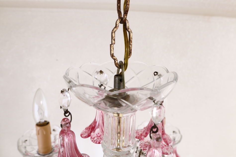 イタリアンムラーノガラス ピンククリスタルシャンデリア(5灯