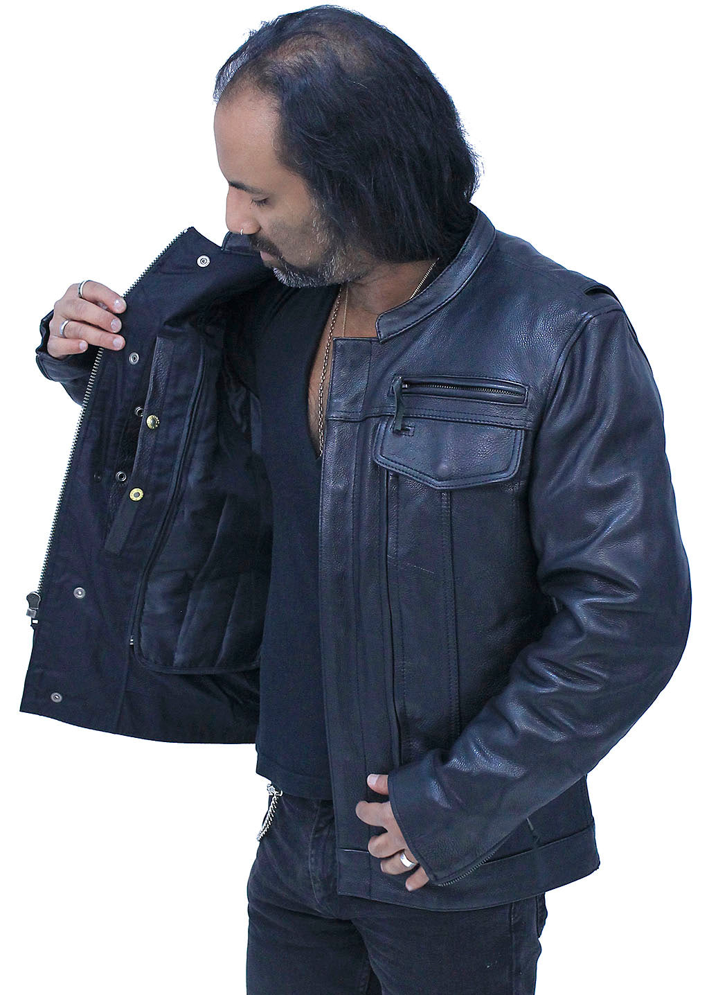 No Collar Men's Vented Concealed Pocket Motorcycle Jacket