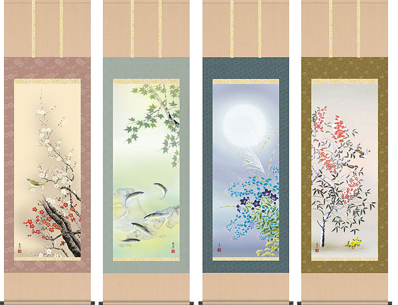 楽天市場】掛け軸 掛軸 花鳥画 田村竹世・四季花鳥（四幅揃え） 尺五