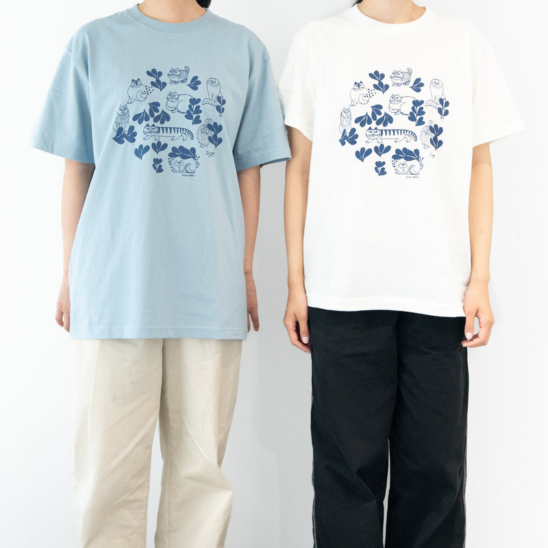 Tシャツ（スケッチねこたちLeaves series・アシッドブルー）