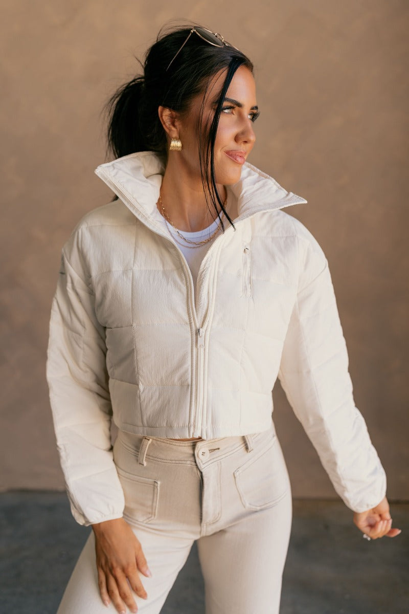 Mylah Off White Cropped Puffer Jacket - Lizard Thicket