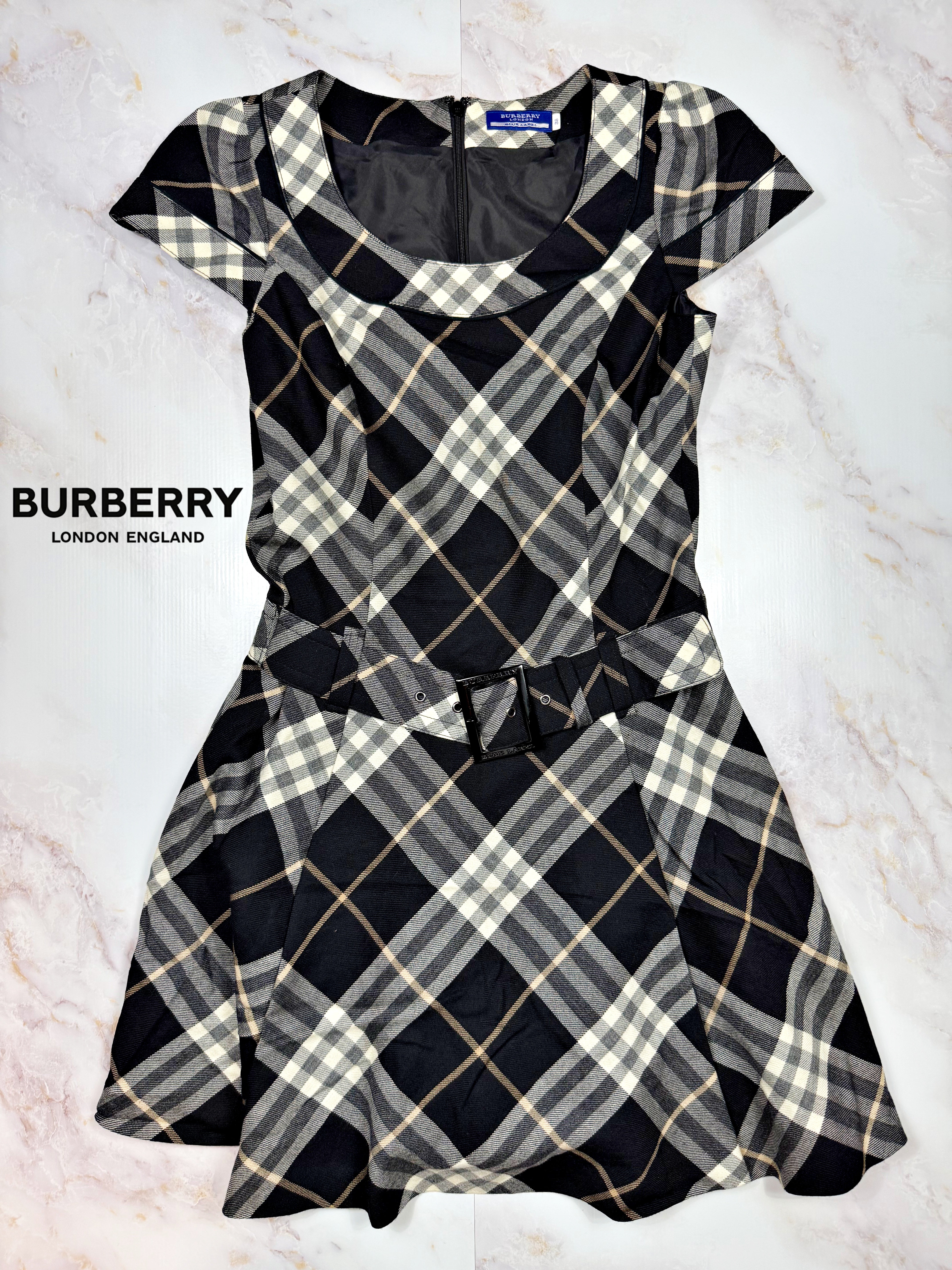 BURBERRY BLUE LABEL チェック柄 ウールワンピース ベルト付き
