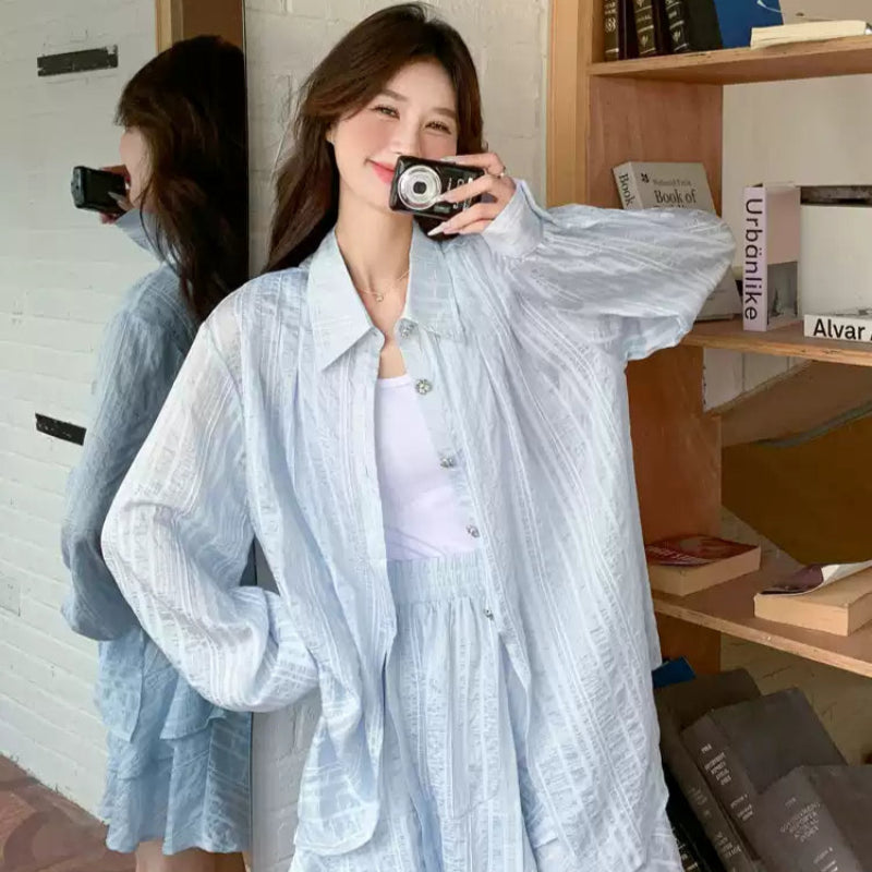 ライトブルーシャツ×パンツセット（薄青）夏 デート・旅行におすすめ♪