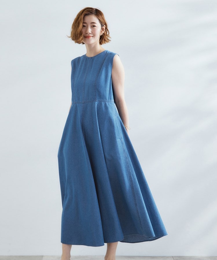 すっきり見え 軽やかデニムノースリーブワンピース（マキシ・ロング